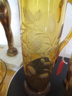 Etched Art Deco 1930s Amber Glass Water Jug Glasses Set