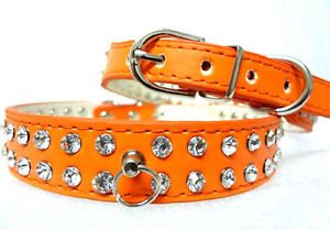 Orange Leather Bling 2 Rows Rhinestone Diamante Pet Dog Cat Puppy Collars M L