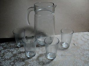 Vintage Pasabahce Turkish Art Glass Water Four Glasses and Pitcher Rings