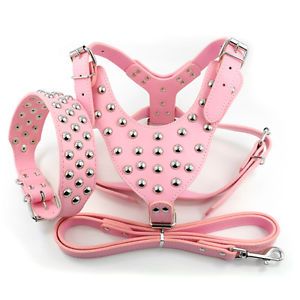 Pink Full Silver Mushrooms Rivet Studded Leather Dog Collar Harness Leashes Set