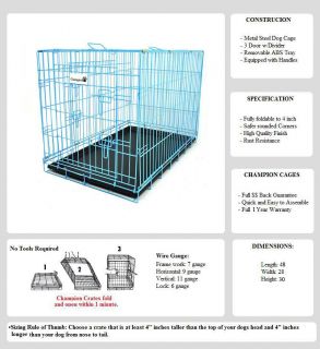 Blue Large 48" 3 Door Folding Dog Crate Cage w Divider