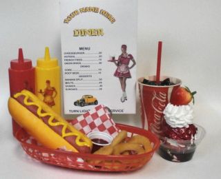 Fake Food Diner Car Hop Hot Dog w Onion Rings Meal