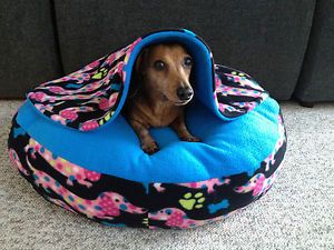Dachshund Small Dog Bed Snuggle Bed for Burrowing Dog Polka Doxie Blue Fleece