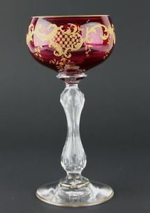 Antique Moser or Baccarat Gold Inlay Cranberry Glass Wine Goblet Glass Stem MTH