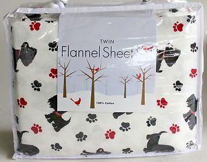 Twin Flannel Dog Paw Sheet Set 100 Cotton Black Puppy Dogs Red Black Paws NIP