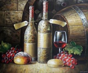 Vintage Red Wine Bottles Cellar Tasting Decanter Glass Grapes Oil Painting Art