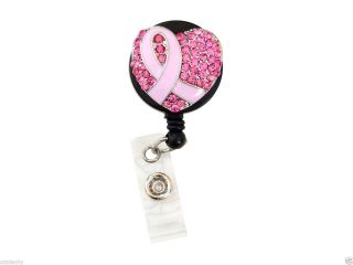 Bling Rhinestone Pink Breast Cancer Awareness Ribbon Retractable ID Badge Reel