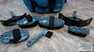Blue 7 Piece Zebra Print Horse Grooming Kit w Nylon Carrying Bag New Tack