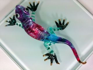Gecko Lizard Hand Paint Blown Glass Art Gold Trim Figurine Collection Decor S111