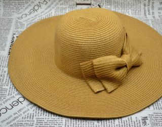 Vintage Straw Cap Women Flax Bowknot Wide Brim Large Summer Beach Sun Hat Camel