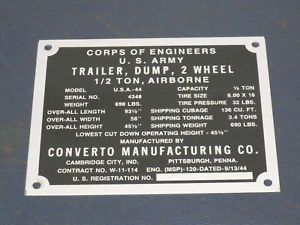 Jeep Willys MB GPW Airborne Converto Dump Trailer Plate