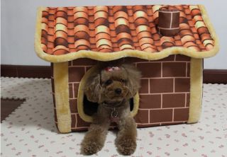 New Indoor Brown Brick Wall Chimney Pet Dog Cat House Beds Kennel Size M