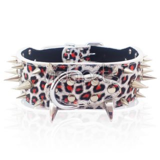 23 26" Red Leopard Leather Spiked Dog Collar Pitbull Bully Spikes Extra Large XL