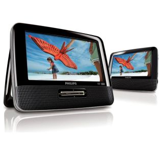 Philips PD7012 Dual 7" LCD Portable DVD Player w Speakers Car Headrest Straps