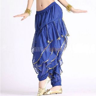 Belly Dance Costume Chiffon Pants Bloomers Gold Wave Sequins Dark Blue US Seller