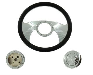 14"Billet Chrome Wrap Leather Hawk Wing Steering Wheel Adapter Flame Horn Button
