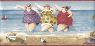 Wallpaper Border Designer Whimsical Ladies at The Beach with Red Trim