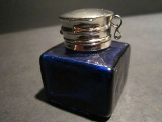 19th C Antique Style Solid Thick Glass Cobalt Blue Inkwell Ink Pot Bottle