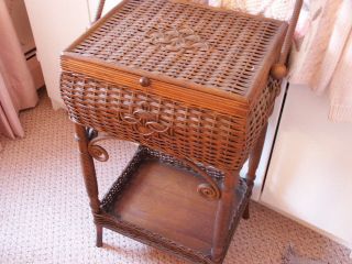 Antique Heywood Wakefield Sewing Stand Wicker Basket w Bottom Shelf Victorian
