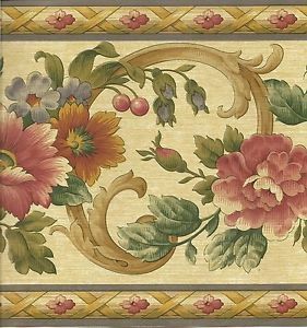 Kitchen Wallpaper Border Floral Scroll with Fruit Wall Border Blue Trim