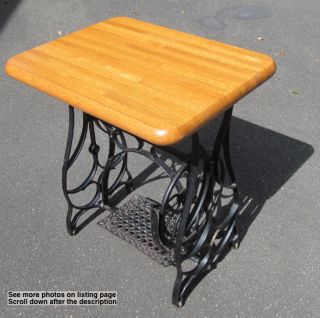 Antique Cast Iron Hand Crank Sewing Machine Base Table w Solid Oak Butcher Block