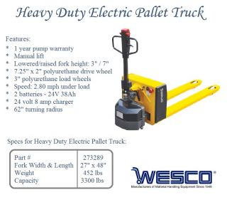 Wesco 273289 Heavy Duty Electric Pallet Jack Truck 3300