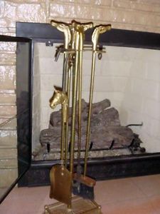 Vintage Brass Horse Head Fireplace Set 6 Piece Stand Poker Shovel Broom Damper