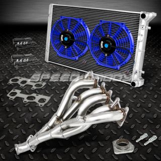 Racing Header Manifold Exhaust 2 Row Radiator Blue Fan 99 02 VW Golf GTI MK4 VR6