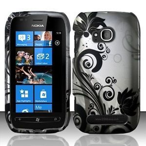 For Nokia Lumia 710 Rubberized Hard Case Snap on Phone Cover Black Vines