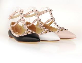 Runway Studded Strappy Pointed Toe Flat Shoes Sandals Pink Black White