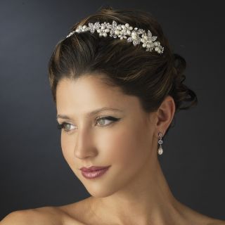 Silver Ivory Pearl Clear Rhinestone Floral Side Accented Bridal Headpiece