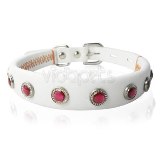 8 11" Genuine Real Leather Gemstone Pet Dog Collar White XS Small