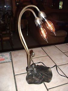 Vintage Retro Mid Century Double GOOSE Neck Brass Lilly Pad Desk Table Lamp Bulb