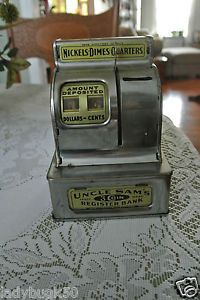 Vintage Uncle Sam's 3 Coin Register Metal Bank w Change Nice Piece