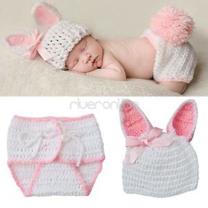 2pcs Set Newborn Baby Infant Rabbit Outfit Crochet Knit Costume Photo Prop 0 12M