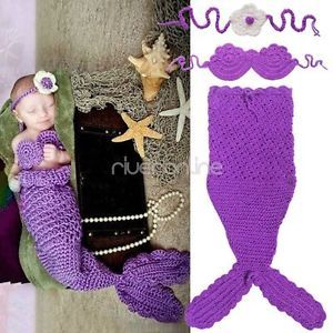 3pcs Set Newborn 12M Baby Infant Knit Crochet Ariel Mermaid Costume Photo Props