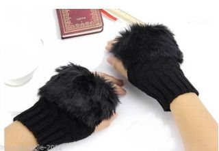 Black Women Ladies Fingerless Faux Fur Wrist Knitted Wool Mitten Warm Gloves