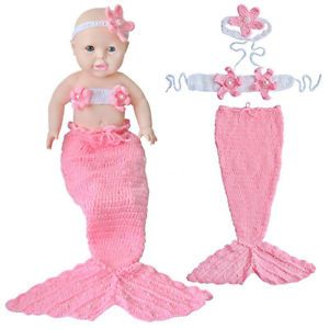 Cute Baby Newborn 12M Girls Knit Crochet Pink Mermaid Costume Photo Prop Outfits