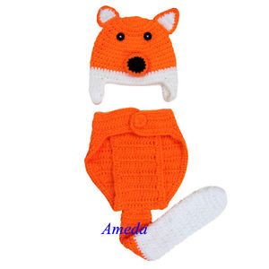 Newborn Baby Hat Diaper Cover Crochet Photo Prop Orange Fox Costume