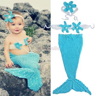 3pcs Newborn Baby Girls Pearls Mermaid Tail Costume Outfit Crochet Knit Props
