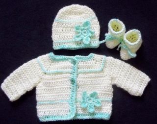 Crochet Yellow and Green Baby Girl Sweater Hat and Booties Handmade 0 3 Months