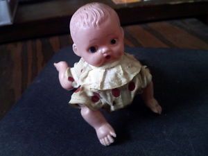 Vintage Wind Up Mechanical Crawling Baby Toy w Clothes Working Clockwork Windup