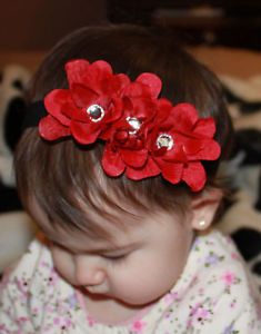 Baby Girl Triple Small Red Flower Roses Black Headband