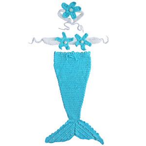 3pcs Newborn Baby Girl Pearl Mermaid Tail Costume Outfit Crochet Knit Props Cute