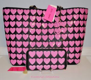 Betsey Johnson Pink Hearts Tote Bag Matching Hearts Wallet Set