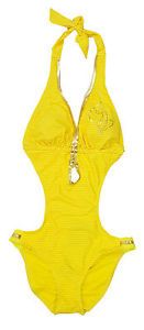 Baby Phat Womens Yellow Striped 1pc Padded Swim Suit Size s M L XL $72