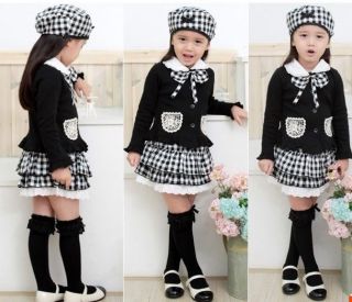 Children Clothing Set School Day Dressing Plaid Skirt Cardigan Hat 80 1T Girl