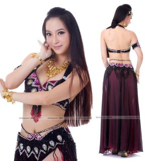 Black Dark Pink Professional Belly Dance Costumes Outfit Set 2pcs Bra Belt