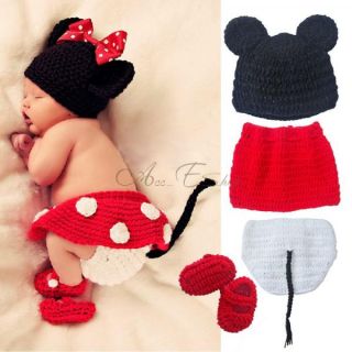 4pcs Newborn 12M Baby Girl Infant Minnie Mouse Costume Crochet Knit Outfit Props