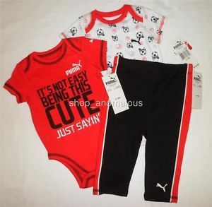Puma Logo Baby Boys Pants Shirt Bodysuit Clothes Outfit Set Sz 3 6M 6 Months